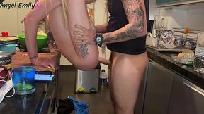 Blonde house wife cooks dinner and eats neighbor's dick in the kitchen
