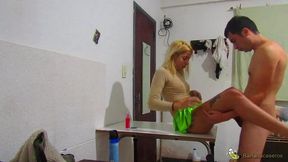 first sex on the table with student stepdaughter scared by her first porn video. she just turned 18
