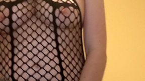 riding suction dildo in fishnet bodysuit