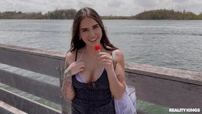 Awesome busty brunette Suttin is enjoying outdoor sex on the poolside