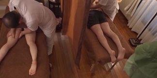Smothering my wife's curves, I finger her tight slit in sensual Japanese massage