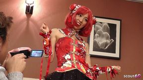 skinny japanese cosplay gir give blowjob and handjob to two old stranger guys at convention
