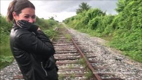 Leather glovejob on the railroad tracks POV_wmv_
