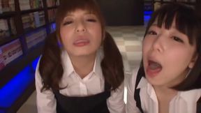 Horny Japanese cuties in school uniforms, drooling over cocks, group blowjobs and freaky licks.