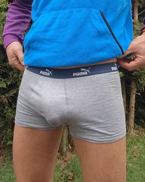 Caught by the neighbor&#039;s wife. She asks me to continue. Skinny boy pisses with his thick cock for the young woman