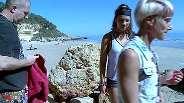 Anal threesome with Stella Johanssen and Nicky Wayne on a public beach