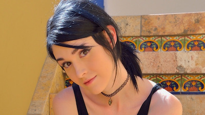 Skinny teen Ivy Aura lifts her dress to toy her pussy with a veggie