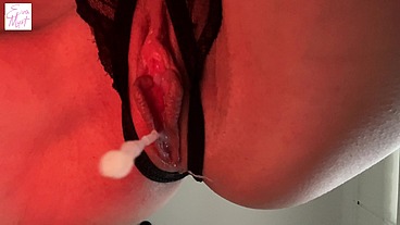 Real amateur quick fuck through crotchless panties and creampie dripping on camera (bottom view)