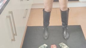 Raven Lee crushes 3 old NASCAR's in sexy riding boots full body view