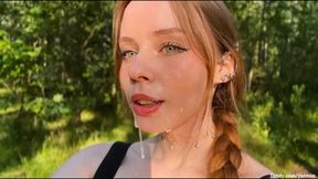 Raw doggystyle banging in a damp forest, starring 'Golden Ember' & her piercing green gaze shines bright