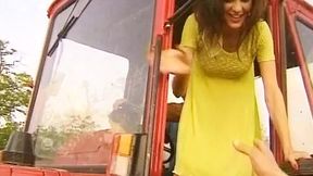 Three furious farmers bang a hungry German brunette farm girl repeatedly