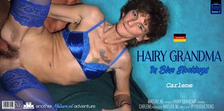 Hairy grandma Carlene gets fucked while wearing blue stockings