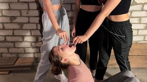 slave s mouth is an ashtray for three smoking girls