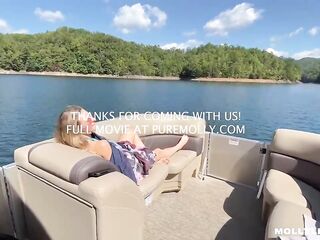 Flirty golden-haired sweetheart is giving a blow job to a sexually excited man during the time that in his boat