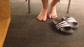 Candid College Library Asian Chick Adidas Slides Feet Airing