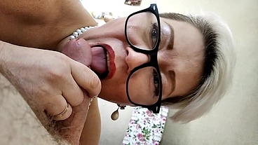 Mature Russian bitch sucks cock and masturbates in close-up...