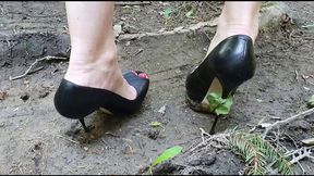 Platform high heels stuck in ground, high heels sinks in ground, high heels in forest, wrecked high heels