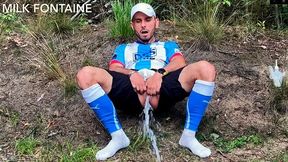 Insatiable Soccer player masculine-poon outdoor teaching with spunk and milk clyster in the football ki