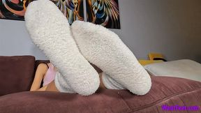 White Fuzzy Socks - Wrinkled Soles - HD MP4