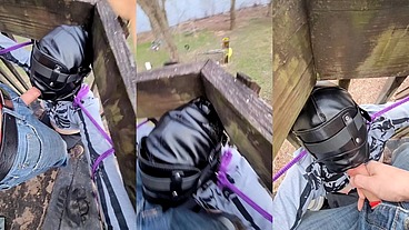 Masked sub tied up outside for deepthroat session