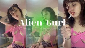 Smoking with lip Gloss on and a pink sexy corsé | Alien Girl