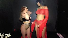 Two lesbians are smooching and petting their pussies in front of horny men and end up doing a hot gangbang