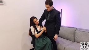 ana spears jerks off her boss s dick cum on dirndl apron