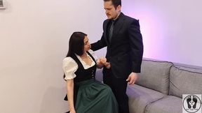 ana spears jerks off her boss s dick cum on dirndl apron