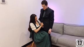ana spears jerks off her boss s dick cum on dirndl apron