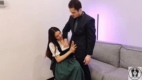 ana spears jerks off her boss s dick cum on dirndl apron