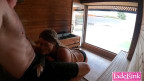 Giving good time to my boyfriend in Sauna Blowjob and cum swallow