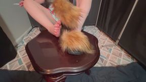 Milf dildo footjob with orange toes and furry fuzzy slippers