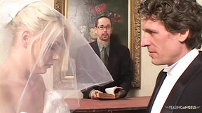 Blindfolded bride gets ravaged by dual throbbing shafts