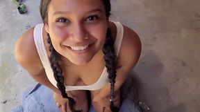 Lovely brunette with a nice face and long pigtails gives an amazing head to her lustful neighbour