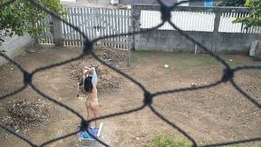 my wife totally naked relaxing in front yard