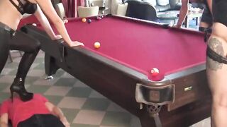 Pool billiard female domination party with three slaves Trampled nuts d
