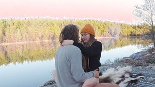 Sex on a reindeer skin next to a forest lake