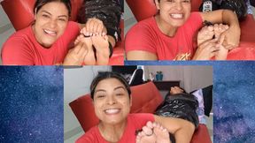 Yudi Tickles the soles lying on the sofa