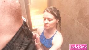 Hot blonde girlfriend sucking big dick inside public sauna