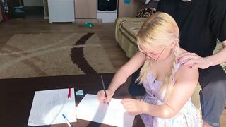 A shy college girl could not resist the tutor and took his penis inside her mouth