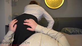 Femdom Business Woman in Leather Overknees Riding the Boss to Get a Creampie - Business-bitch