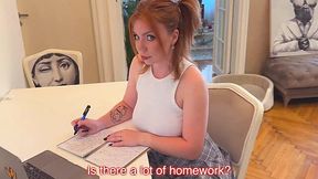 Redhead teen is getting distracted from doing homework by her stepbro