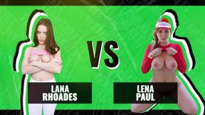 Big-titted babes Lana Rhoades and Lena Paul get down and dirty in tit-tacular tug-of-war