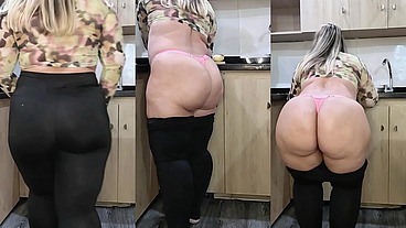 La Mejor Receta de mi Suegra: ¡Tanga, Culo Grande y Mucho Calor!. Mi Suegra Cocina en Tanga y me Deja Hambriento con sus nalgas de infarto