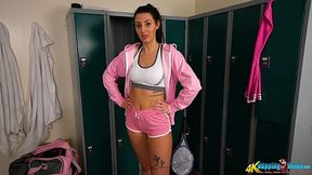 Lustful brunette with tatts Violet gets naked and shows off yummy slit