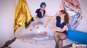 Q965 Cosette pierces Stashia's huge balloon many times till it pops - 1080p