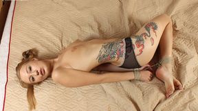 Nancy: topless barefoot blonde in only panties, hogtied on the floor with hemp rope, wiggles and rolls (HD MOV)