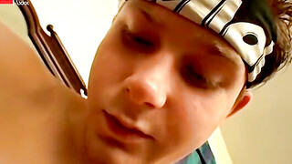 Horny Billy jerks big cock and blasts cum in the mirror