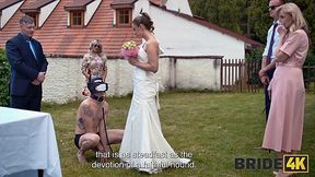 Bride pulls her dress up and let him eat her pussy in front of guests