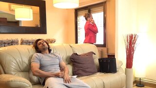 Busty MILF catches the Indian dude jerking his big dick